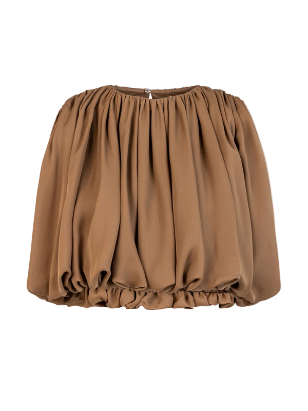 Heirlome Penelope Top in Sepia showcased on a model showing the elegant shirred design and bubble draped silk.