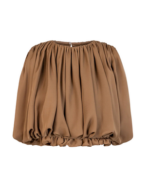 Heirlome Penelope Top in Sepia showcased on a model showing the elegant shirred design and bubble draped silk.