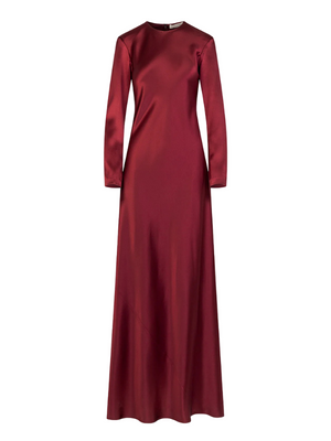 Elegant Ruth Dress in Burgundy from Heirlome, showcasing the luxurious crepe-back silk satin fabric in a stylish long sleeve design.