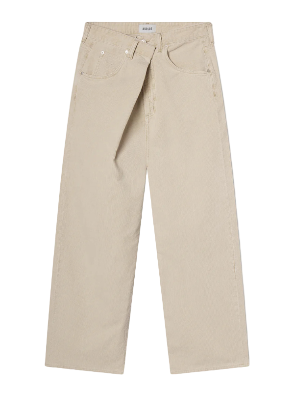 Agolde Vana Fold Corduroy in Rice Grass showcasing the signature fold-over waistband and relaxed fit.