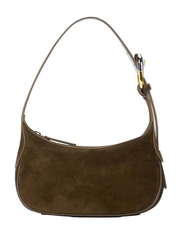 Owen Bag in Truffle by Staud featuring moon-buckle hardware and top-zip design.
