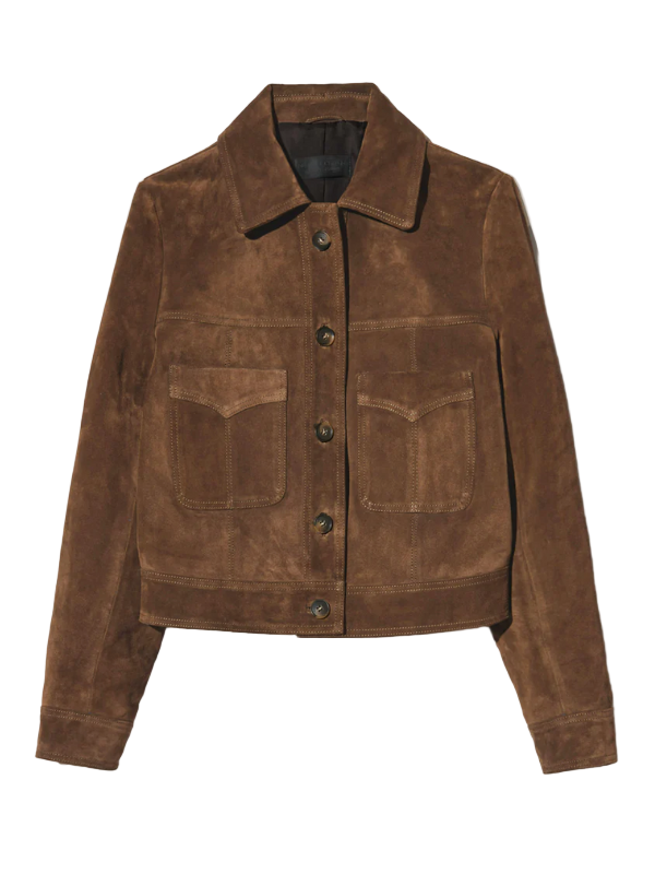 Front view of the Susannah Suede Jacket in Hazelnut by Nili Lotan, showcasing its slim boxy fit and western-inspired details.