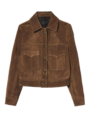 Front view of the Susannah Suede Jacket in Hazelnut by Nili Lotan, showcasing its slim boxy fit and western-inspired details.