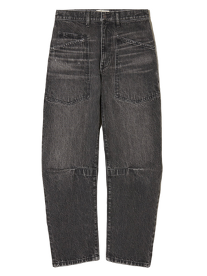 Nili Lotan Shon Jean in Stone Black Wash, showcasing the relaxed fit and unique silhouette.
