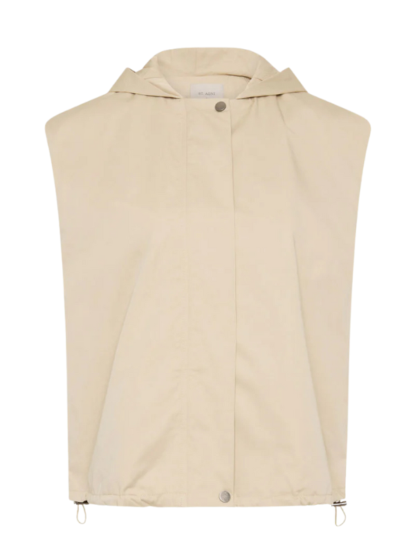 Cotton Sleeveless Parka in Champagne, showcasing the stylish design of this sleeveless parka coat with a hood and center-front zipper.