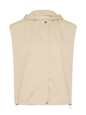 Cotton Sleeveless Parka in Champagne, showcasing the stylish design of this sleeveless parka coat with a hood and center-front zipper.