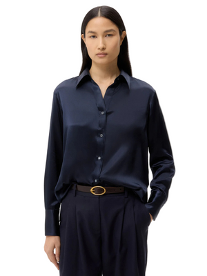 Joey Shirt in Midnight displayed on a mannequin showcasing the elegant design of this button-down shirt by TWP.