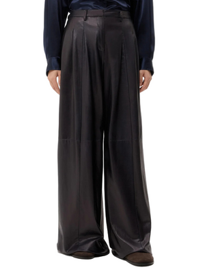 Avery Leather Pant in Dark Midnight showcasing the supple lamb leather and mid-rise, wide leg design.