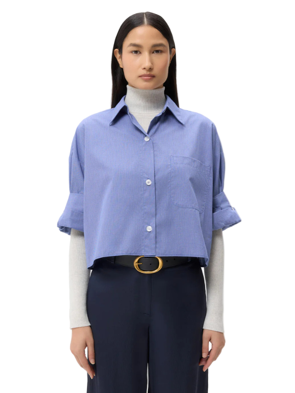 Next Ex in White/Navy button-down shirt by TWP, featuring a cropped design and short sleeves.