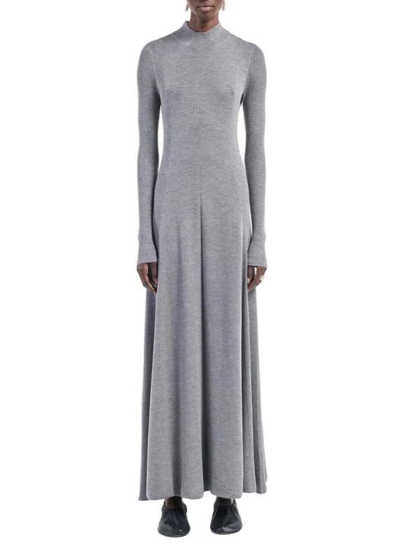 Rib Godet Dress in Heather Grey by Maria McManus, showcasing soft merino wool with rib detailing and a mock neck.