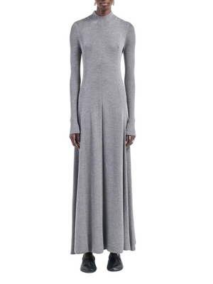 Rib Godet Dress in Heather Grey by Maria McManus, showcasing soft merino wool with rib detailing and a mock neck.