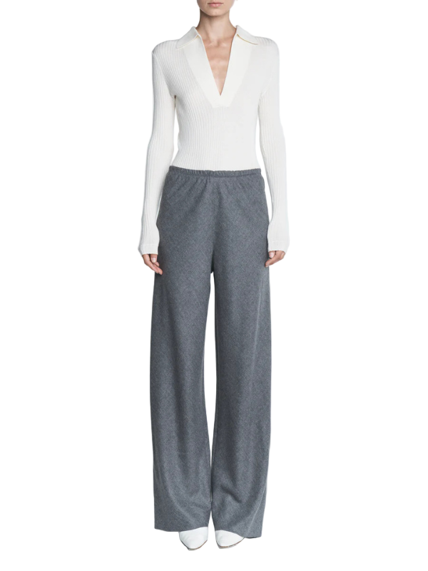 Bias Cut Trousers in Heather Grey by Maria McManus, showcasing a relaxed wide leg fit and elasticated waistband.