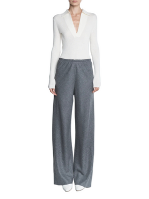 Bias Cut Trousers in Heather Grey by Maria McManus, showcasing a relaxed wide leg fit and elasticated waistband.