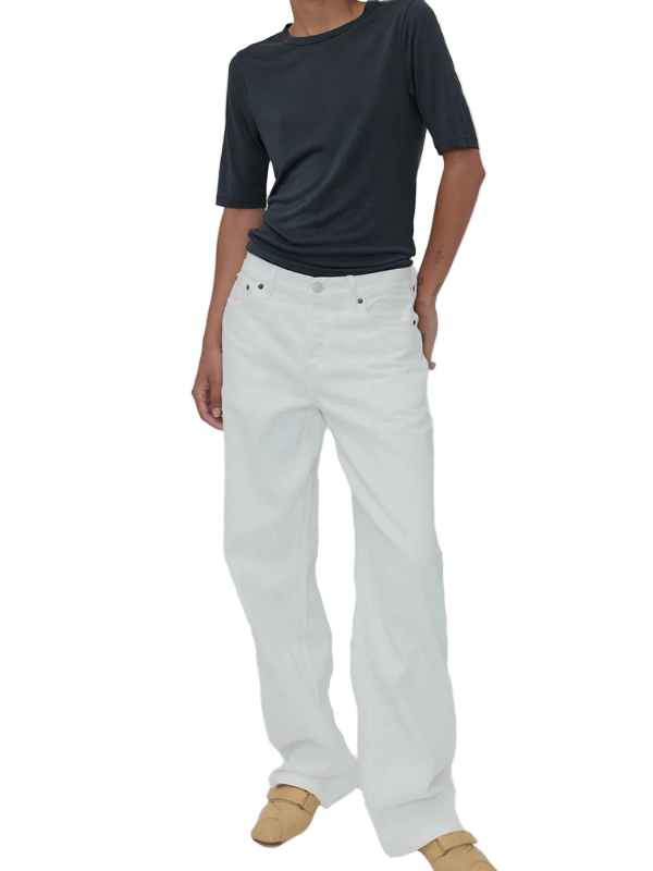 Everyday Jean in Milk by Still Here, showcasing the relaxed mid-rise fit and traditional button fly.