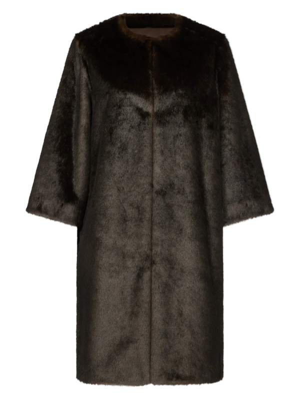 Moore Faux Fur Coat in Grizzly by Loulou de Saison showcasing its sleek, straight fit and collarless design.