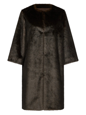 Moore Faux Fur Coat in Grizzly by Loulou de Saison showcasing its sleek, straight fit and collarless design.