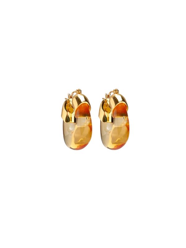 Mini Organic Hoops in Honey by Lizzie Fortunato, showcasing gold-plated brass and amber-colored resin, perfect for any occasion.