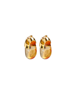 Mini Organic Hoops in Honey by Lizzie Fortunato, showcasing gold-plated brass and amber-colored resin, perfect for any occasion.