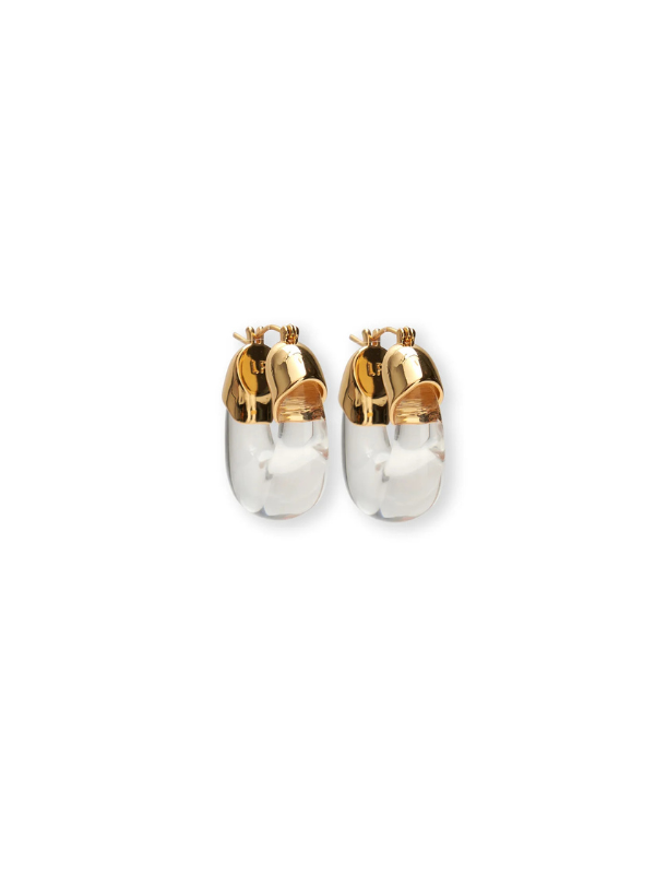 Mini Organic Hoops in Clear by Lizzie Fortunato, elegant gold-plated brass and transparent resin earrings.