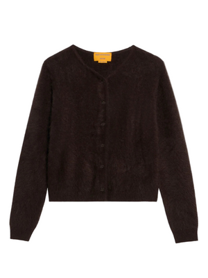Grizzly Cardigan in Burnt Cocoa displayed on a mannequin, showcasing its elegant medium-weight brushed cashmere design from Guest in Residence.