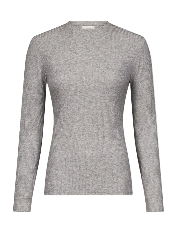 Ortigia LDS Ribbed Long Sleeve T-shirt in Grey displayed on a mannequin, showcasing its fitted silhouette and crew neck design.