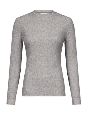 Ortigia LDS Ribbed Long Sleeve T-shirt in Grey displayed on a mannequin, showcasing its fitted silhouette and crew neck design.