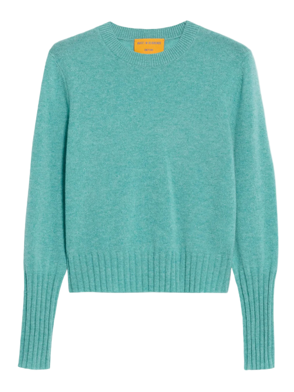 Shrunken Crew in Glacier by Guest in Residence showcasing a light-weight knit design with high rib sleeve cuffs.