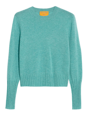 Shrunken Crew in Glacier by Guest in Residence showcasing a light-weight knit design with high rib sleeve cuffs.