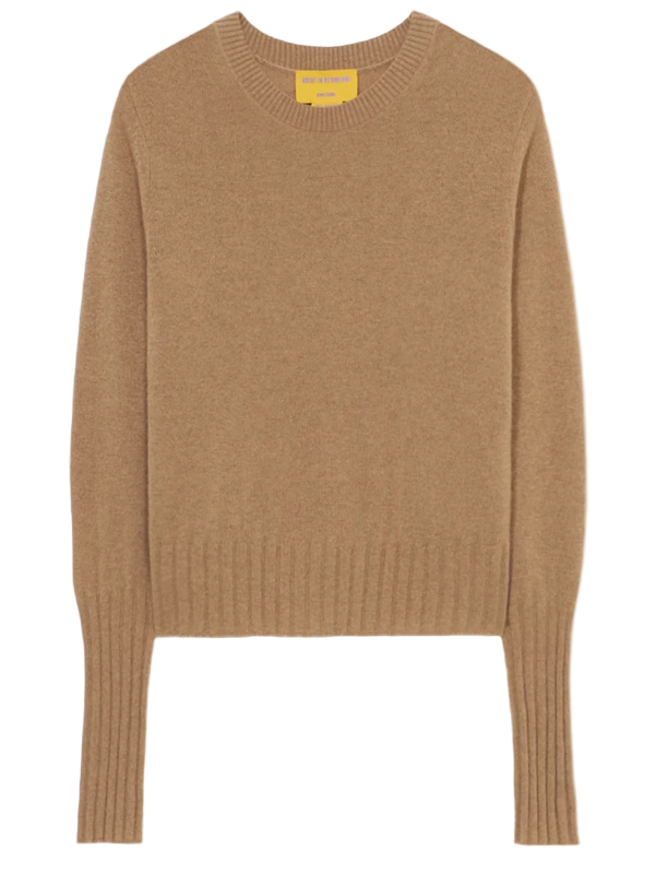 Shrunken Crew in Almond by Guest in Residence featuring light-weight knit with ribbed sleeves and hem.