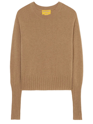 Shrunken Crew in Almond by Guest in Residence featuring light-weight knit with ribbed sleeves and hem.