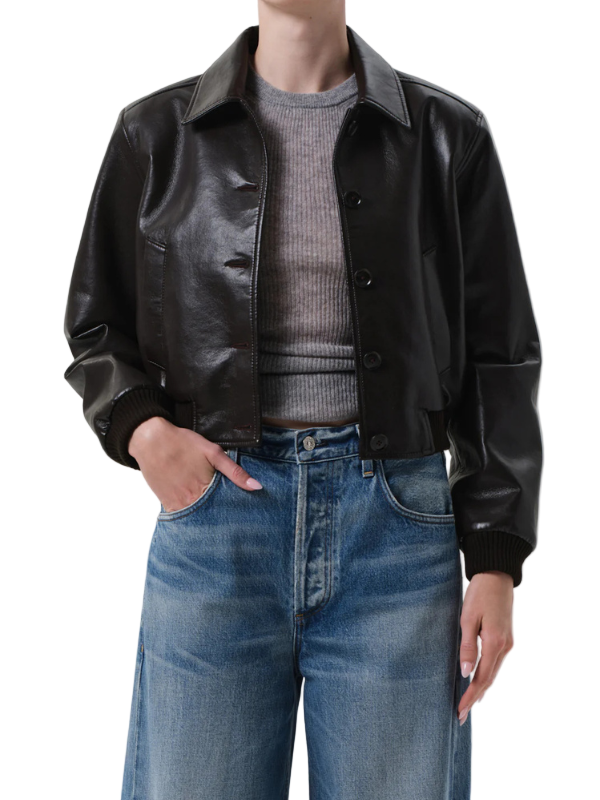 Lola Leather Bomber in Brown showing a stylish cropped silhouette made from recycled leather by Citizens of Humanity.