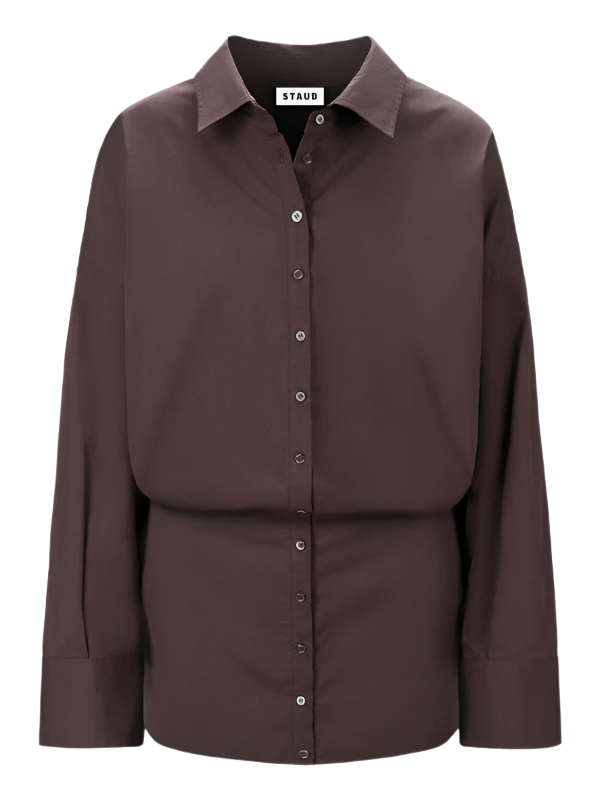 Cynthia Dress in Earth by Staud, a stylish mini button-down shirtdress with long sleeves and a mini skirt made from cotton poplin.