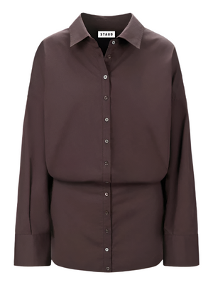 Cynthia Dress in Earth by Staud, a stylish mini button-down shirtdress with long sleeves and a mini skirt made from cotton poplin.