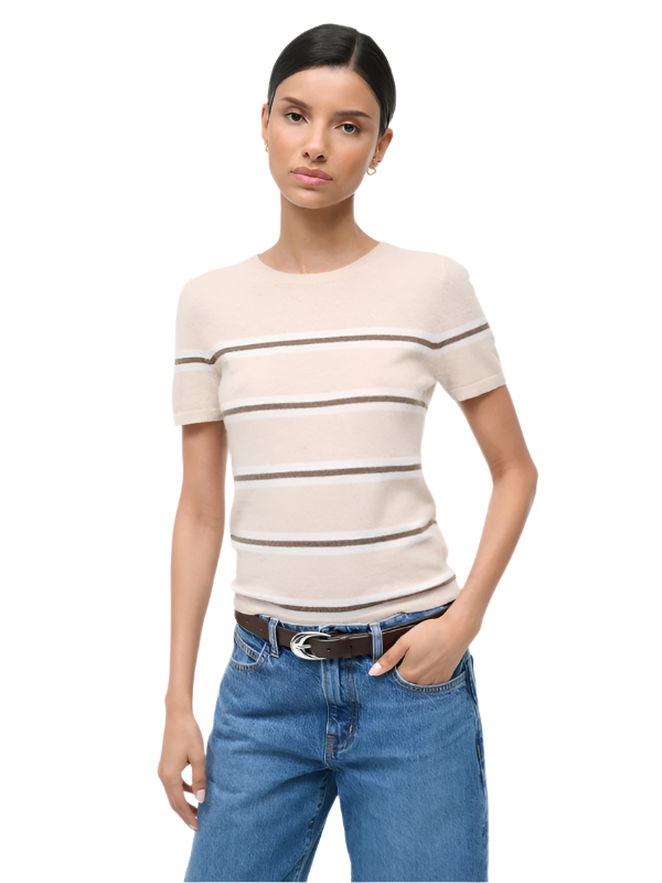 Staud Easy Cashmere Tee in Whisper Stripe showcasing the crew neckline and soft cashmere fabric.