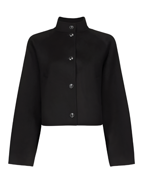Nyma Jacket in Black by Loulou de Saison showcasing a sleek, cropped fit with a stand collar and raglan sleeves.