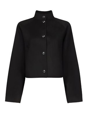 Nyma Jacket in Black by Loulou de Saison showcasing a sleek, cropped fit with a stand collar and raglan sleeves.