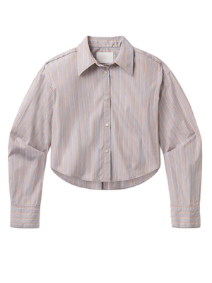 Citizens of Humanity Ana Shirt in Noble Stripe showcasing a tailored, cropped cut and pointed collar on a model.