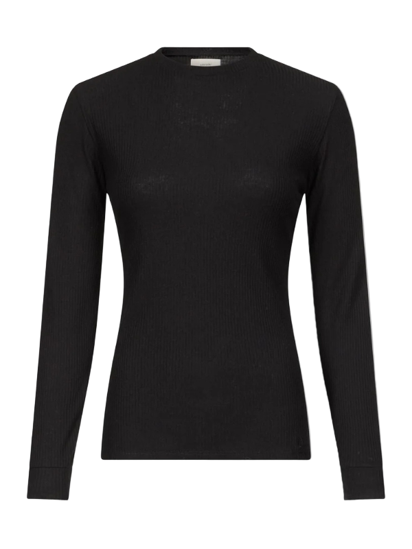 Ortigia LDS Ribbed Long Sleeve T-shirt in Black displayed on a model showcasing the fitted silhouette and crew neck design.