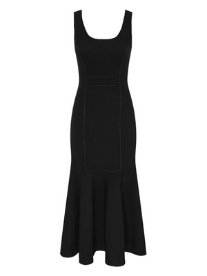 Hypnotic Sculptural Midi Dress in Black showcased on a model with flared hem.