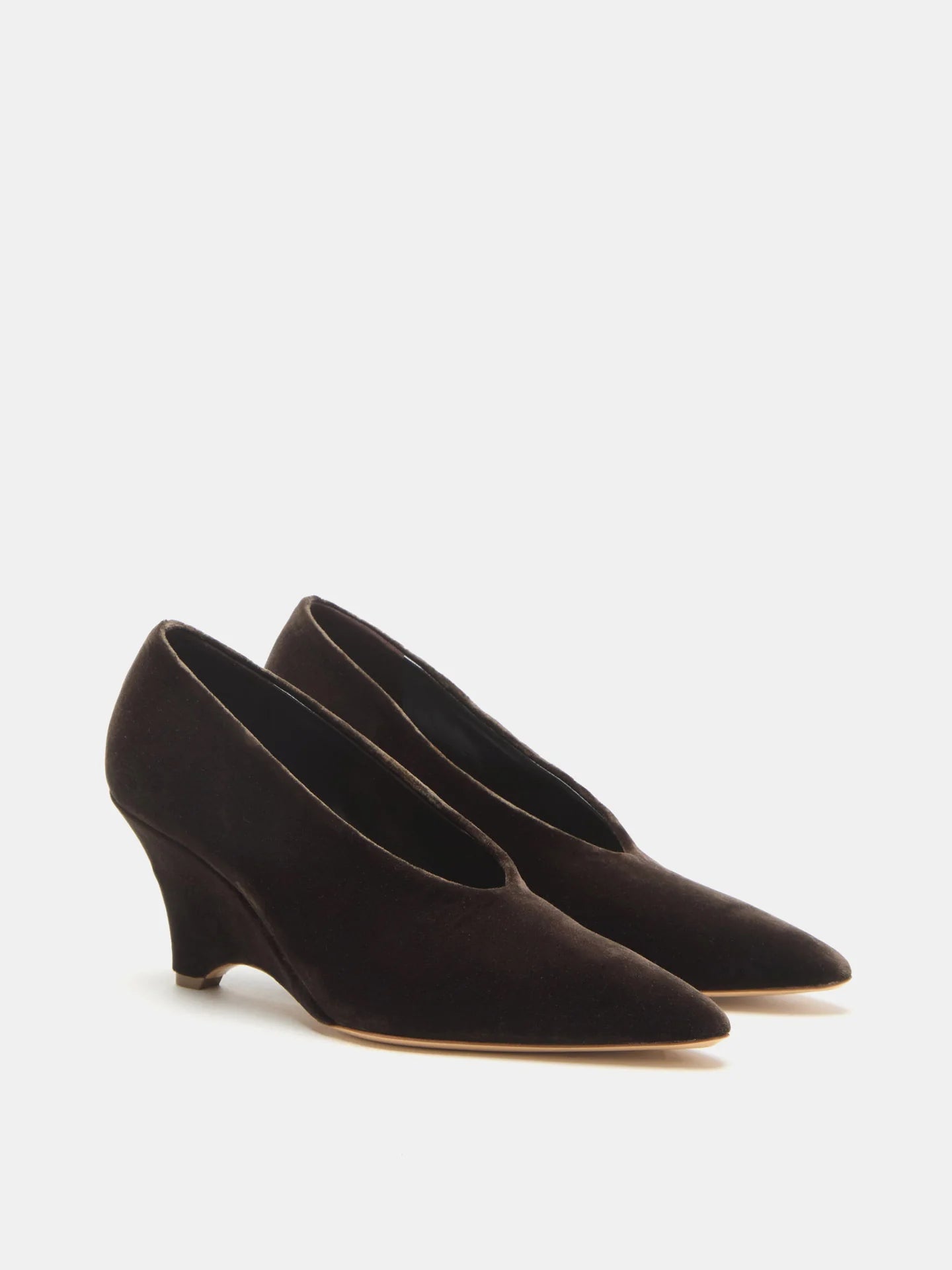 Side view of Victoria Decolette Wedge in Visone Velvet highlighting its luxurious velvet texture and stylish heel.