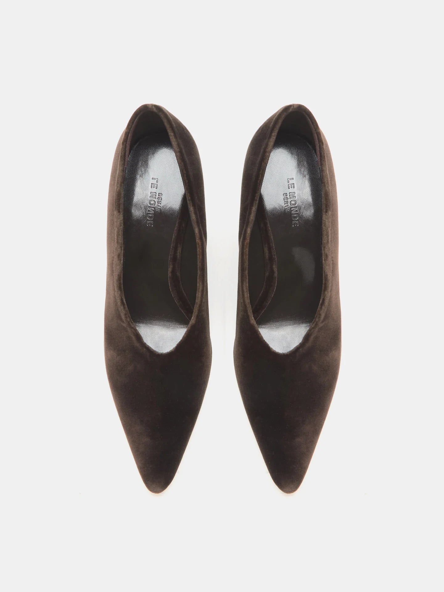 Close-up of Victoria Decolette Wedge in Visone Velvet featuring the rich color and intricate craftsmanship details.