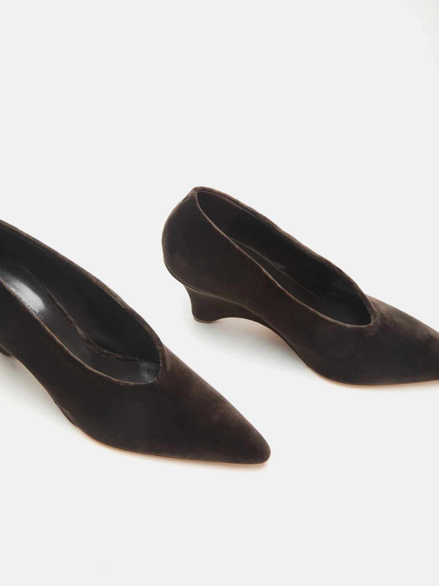 Victoria Decolette Wedge in Visone Velvet displayed on a neutral background, showcasing its sophisticated design and Italian craftsmanship.