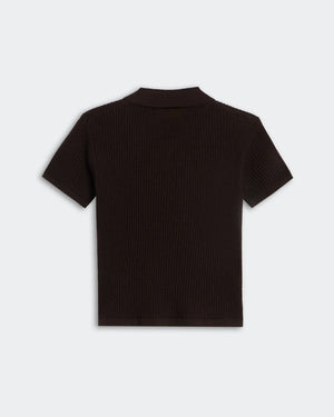 Flat lay of the Shrunken Polo in Burnt Cocoa, showcasing its luxurious cashmere composition and stylish design.