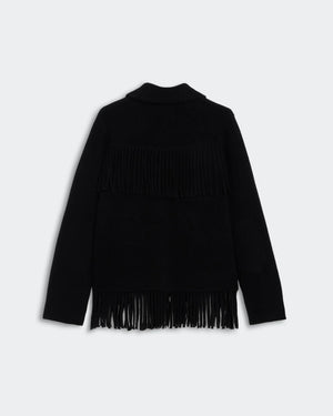 Casual styling of the Western Fringe Jacket in Black, ideal for adding a fashionable edge to your outfit.
