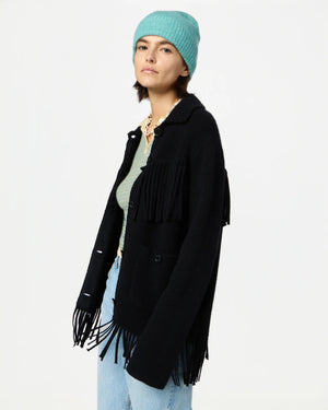 The chic Western Fringe Jacket in Black displayed solo, perfect for layering over other pieces.