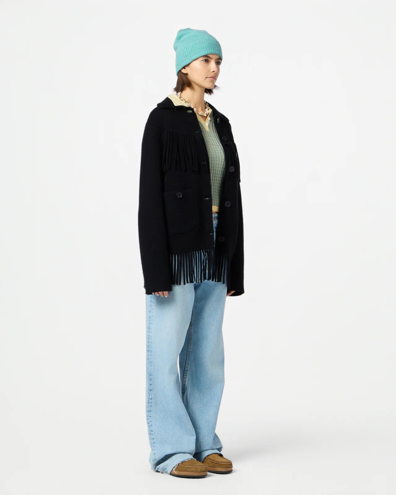 Back view of the Western Fringe Jacket in Black demonstrating signature branding at the back neck.