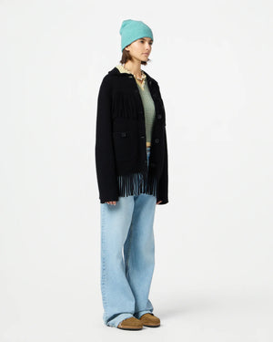 Back view of the Western Fringe Jacket in Black demonstrating signature branding at the back neck.