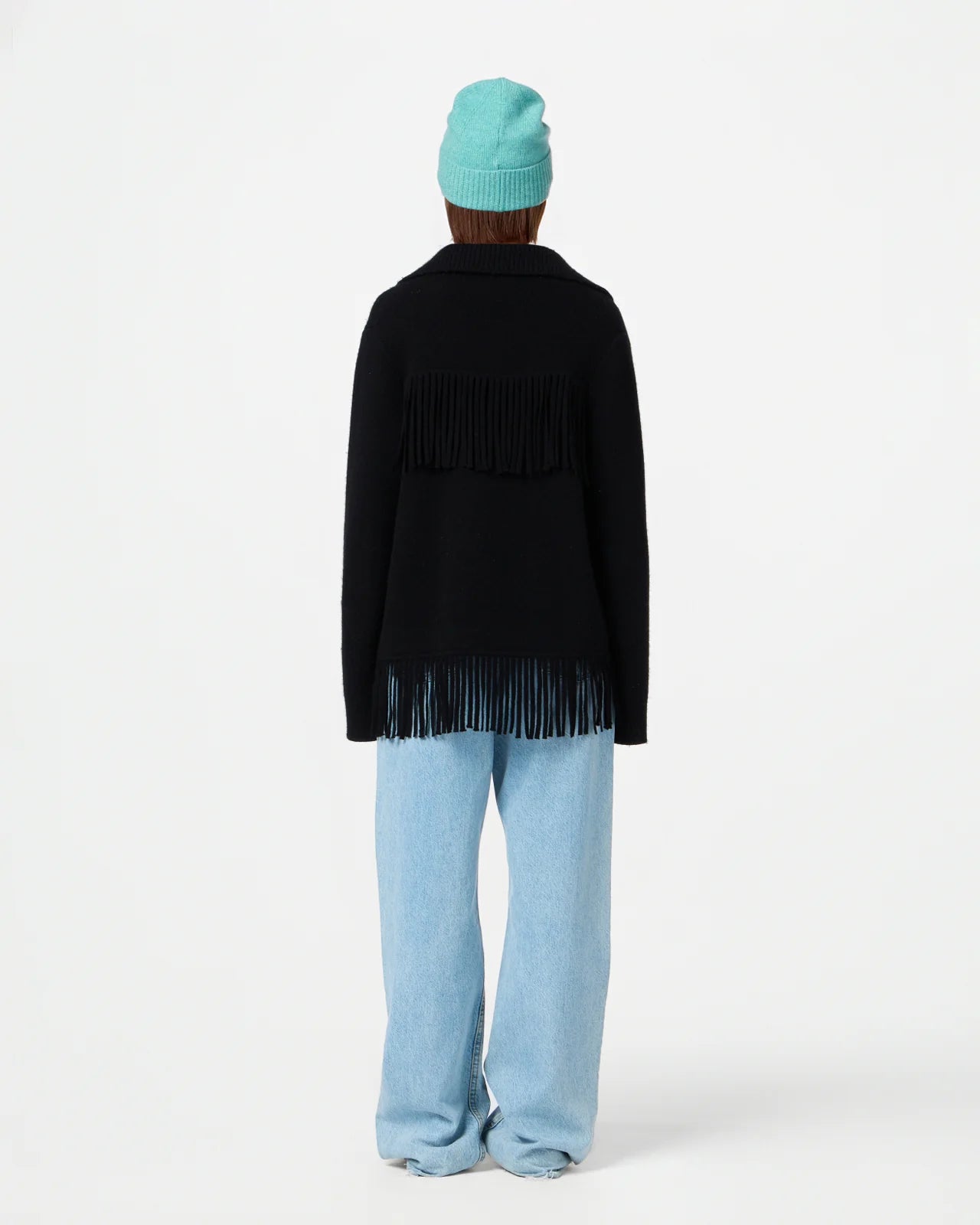 Detail shot of the elbow patch on the Western Fringe Jacket in Black with topstitching for a stylish touch.