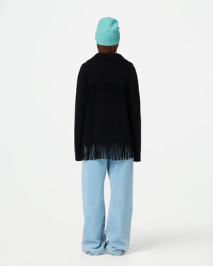 Detail shot of the elbow patch on the Western Fringe Jacket in Black with topstitching for a stylish touch.
