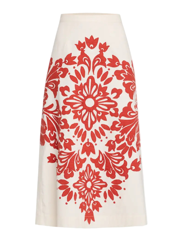 Liliana Skirt in Red features exquisite appliqué detailing on a classic midi silhouette, showcasing its stylish design by SEA.
